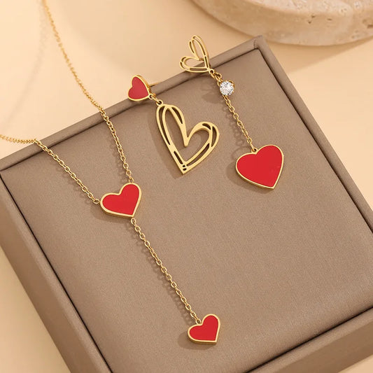 Wholesale Jewelry Elegant Heart Shape 304 Stainless Steel Zircon Gold Plated Enamel Inlay Earrings Necklace Jewelry Set