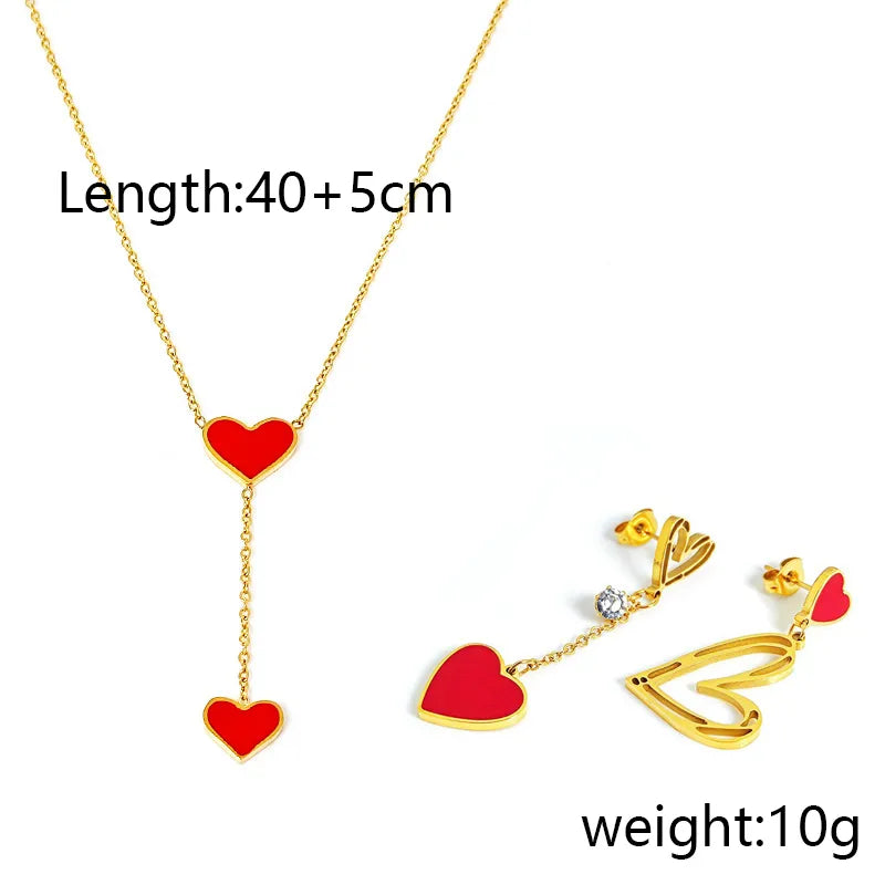 Wholesale Jewelry Elegant Heart Shape 304 Stainless Steel Zircon Gold Plated Enamel Inlay Earrings Necklace Jewelry Set