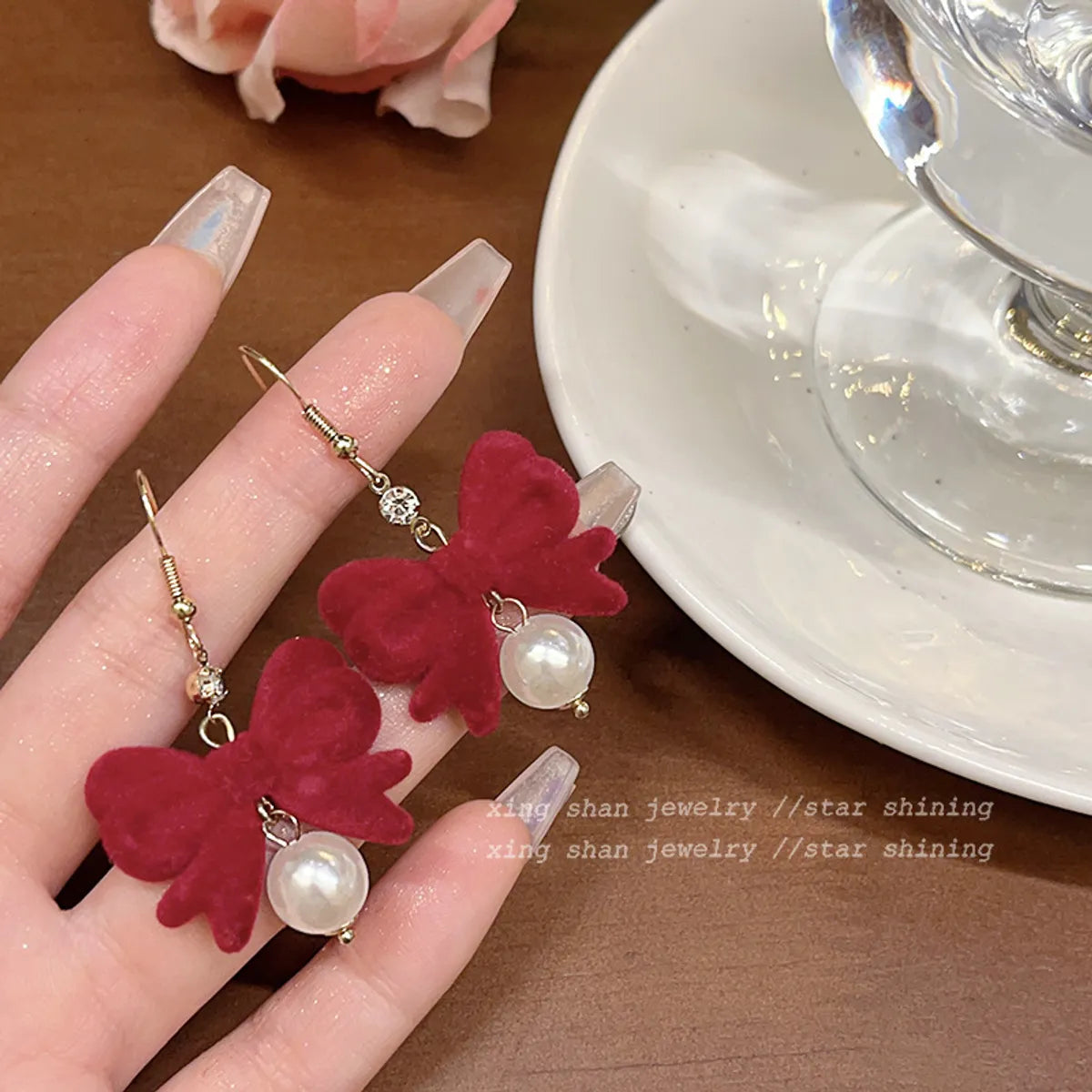 Wholesale Jewelry Elegant Heart Shape Bow Knot Alloy Artificial Pearls Zircon Plating Inlay Earrings