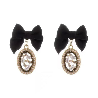 Wholesale Jewelry Elegant Heart Shape Bow Knot Alloy Artificial Pearls Zircon Plating Inlay Earrings