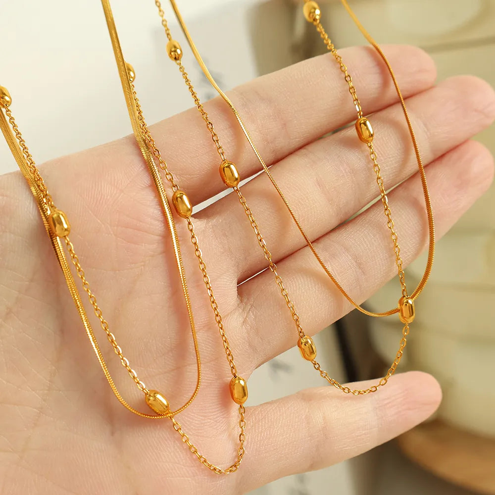 Wholesale Jewelry Elegant IG Style Solid Color Pea 304 Stainless Steel 18K Gold Plated Polishing Double Layer Necklaces