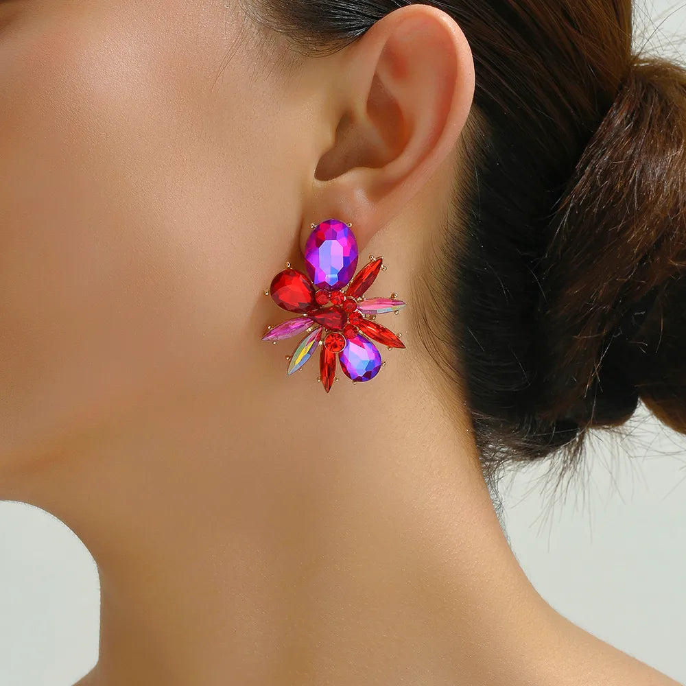 Wholesale Jewelry Elegant Lady Shiny Flower Zinc Alloy Glass Inlay Ear Studs