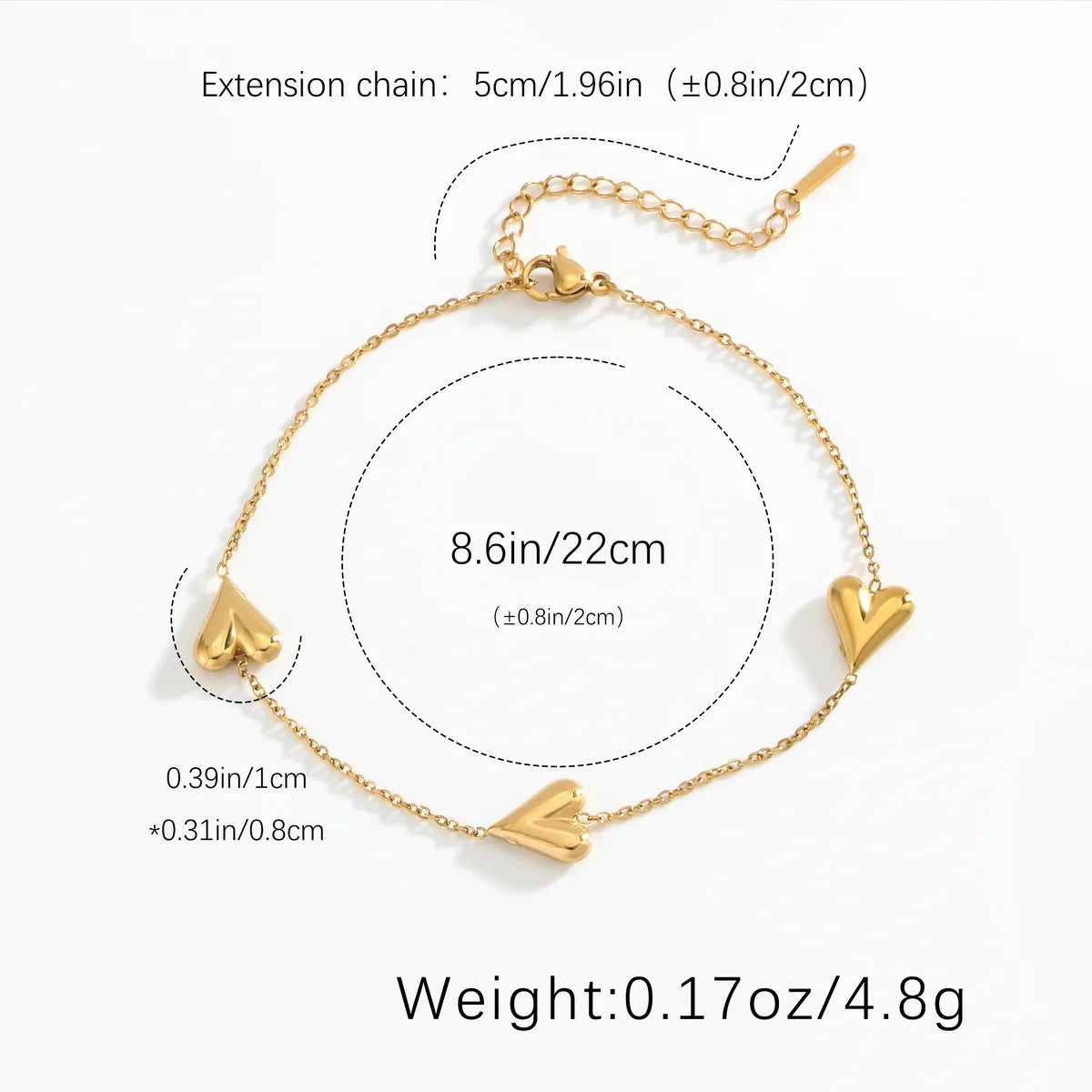 Wholesale Jewelry Elegant Luxurious Heart Shape 304 Stainless Steel White Gold Plated Gold Plated Plating Anklet