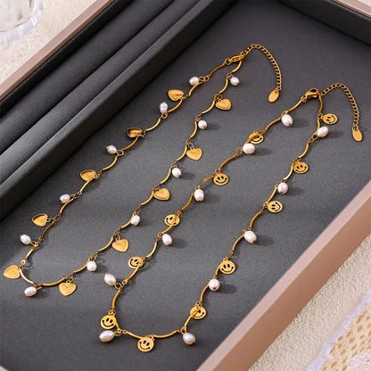 Wholesale Jewelry Elegant Luxurious Modern Style Star Leaves Heart Shape Freshwater Pearl Titanium Steel 18K Gold Plated Necklace