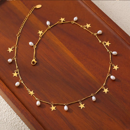 Wholesale Jewelry Elegant Luxurious Modern Style Star Leaves Heart Shape Freshwater Pearl Titanium Steel 18K Gold Plated Necklace