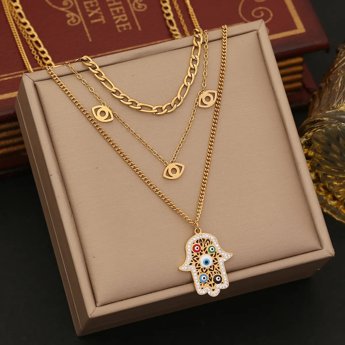 Wholesale Jewelry Elegant Luxurious Palm 304 Stainless Steel Zircon 18K Gold Plated Enamel Plating Inlay Double Layer Necklaces