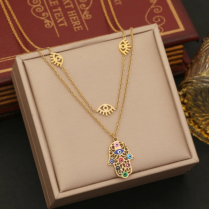 Wholesale Jewelry Elegant Luxurious Palm 304 Stainless Steel Zircon 18K Gold Plated Enamel Plating Inlay Double Layer Necklaces