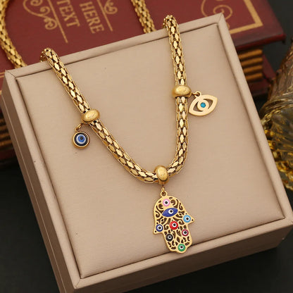 Wholesale Jewelry Elegant Luxurious Palm 304 Stainless Steel Zircon 18K Gold Plated Enamel Plating Inlay Double Layer Necklaces