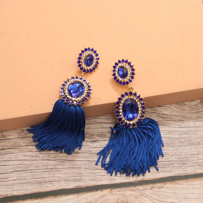 1 Pair Elegant Luxurious Simple Style Round Tassel Inlay Alloy Rhinestones Drop Earrings