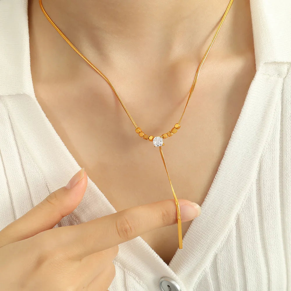 Wholesale Jewelry Elegant Modern Style Classic Style Tassel Rectangle 304 Stainless Steel Glass Stone 18K Gold Plated Tassel Inlay Pendant Necklace