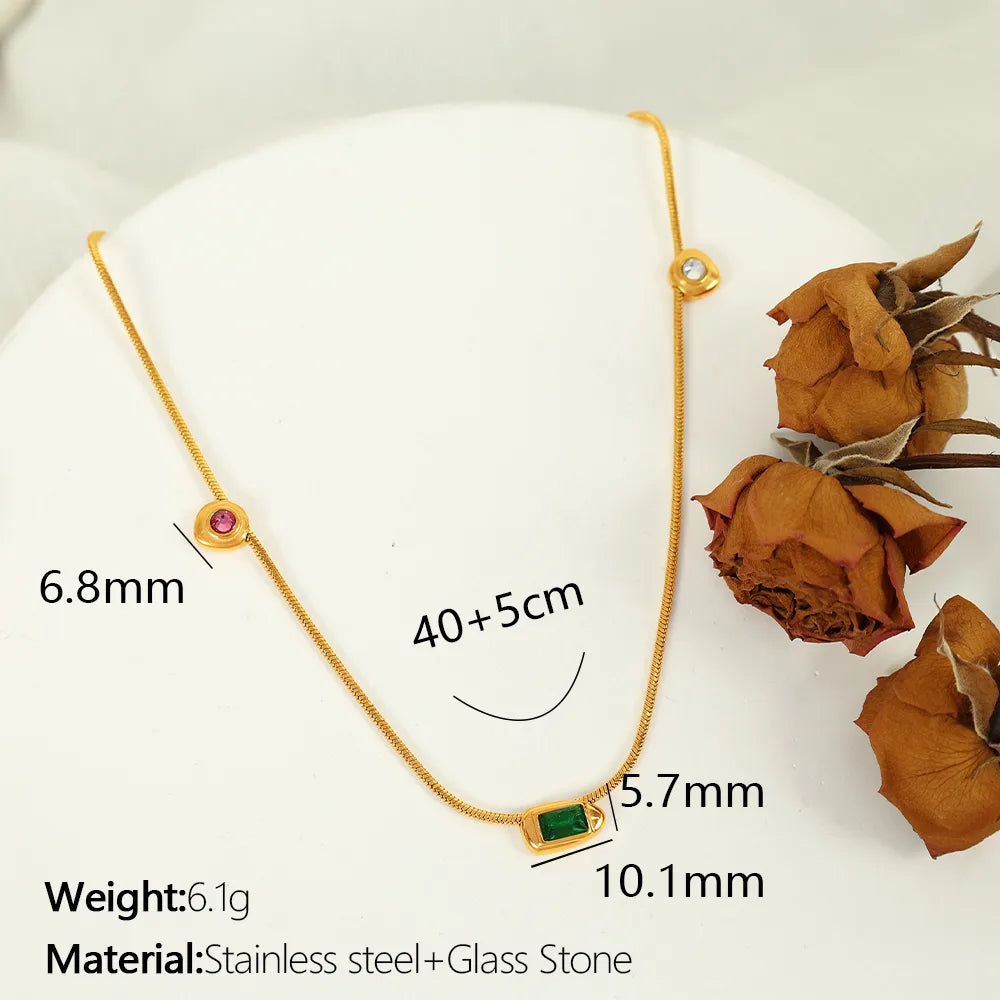 Wholesale Jewelry Elegant Modern Style Classic Style Tassel Rectangle 304 Stainless Steel Glass Stone 18K Gold Plated Tassel Inlay Pendant Necklace