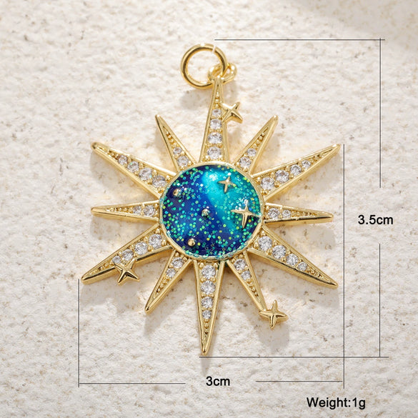 Wholesale Jewelry Elegant Natural Style Copper Plated Real Gold Sun Pendant Necklace With Zircon Eyes And Star Pattern