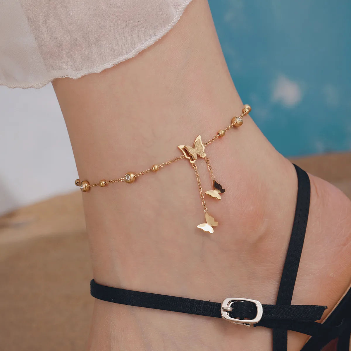 Wholesale Jewelry Elegant Pastoral Butterfly 304 Stainless Steel Artificial Crystal 18K Gold Plated Plating Inlay Anklet