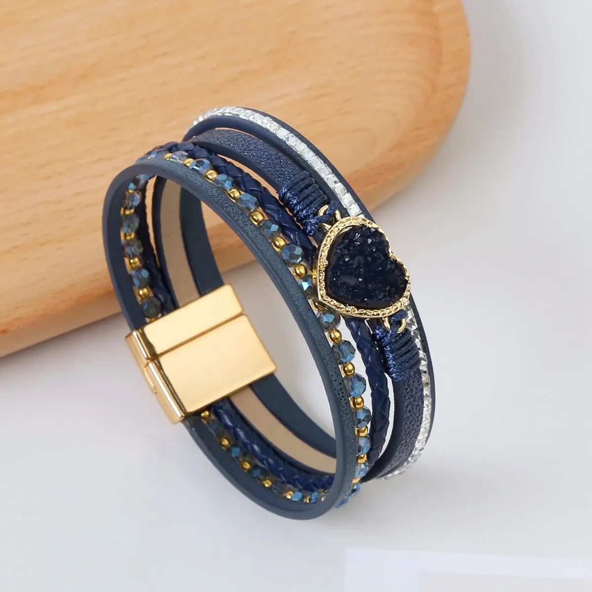 Wholesale Jewelry Elegant Princess Simple Style Heart Shape Pu Leather Alloy Artificial Gemstones Handmade Inlay Bangle