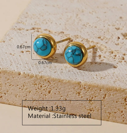 Wholesale Jewelry Elegant Retro Round 304 Stainless Steel Plastic Turquoise 18K Gold Plated Plating Chain Inlay Bracelets Ear Studs Necklace