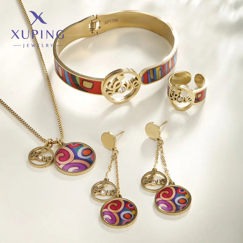 Wholesale Jewelry Elegant Retro Streetwear Round 304 Stainless Steel 18K Gold Plated Enamel Plating Jewelry Set