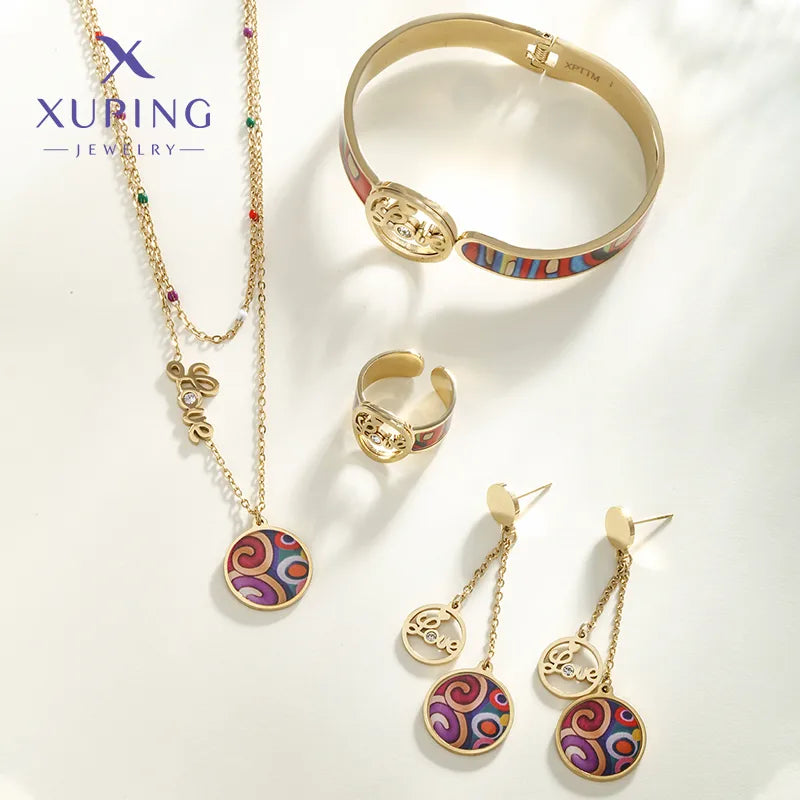 Wholesale Jewelry Elegant Retro Streetwear Round 304 Stainless Steel 18K Gold Plated Enamel Plating Jewelry Set