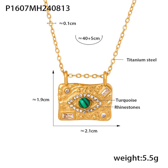 Wholesale Jewelry Elegant Retro Style Square Pendant Titanium Steel And Turquoise Electroplating Earrings And Necklace