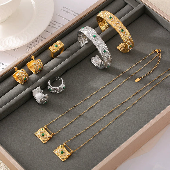 Wholesale Jewelry Elegant Retro Style Square Pendant Titanium Steel And Turquoise Electroplating Earrings And Necklace