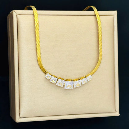 Wholesale Jewelry Elegant Shiny Square 304 Stainless Steel Zircon Gold Plated Inlay Necklace