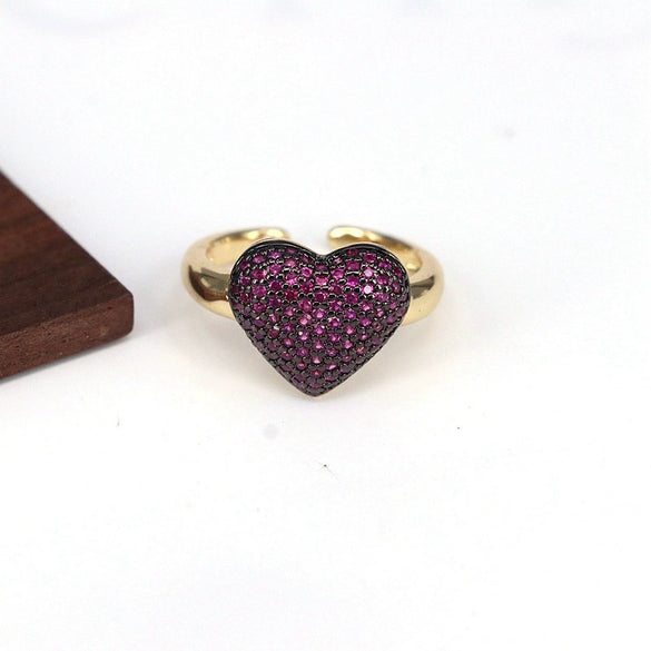 Wholesale Jewelry Elegant Simple Inlaid Color Zircon Heart Shape Copper Adjustable Ring With Electroplating For Women
