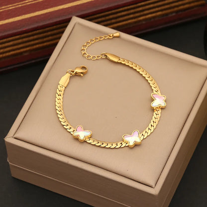 Wholesale Jewelry Elegant Simple Style Butterfly 304 Stainless Steel Glass 18K Gold Plated Bracelets Necklace