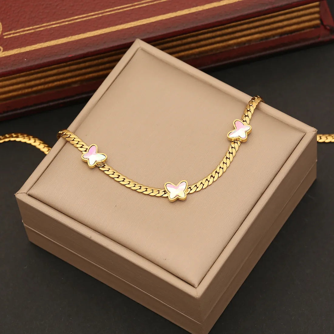 Wholesale Jewelry Elegant Simple Style Butterfly 304 Stainless Steel Glass 18K Gold Plated Bracelets Necklace