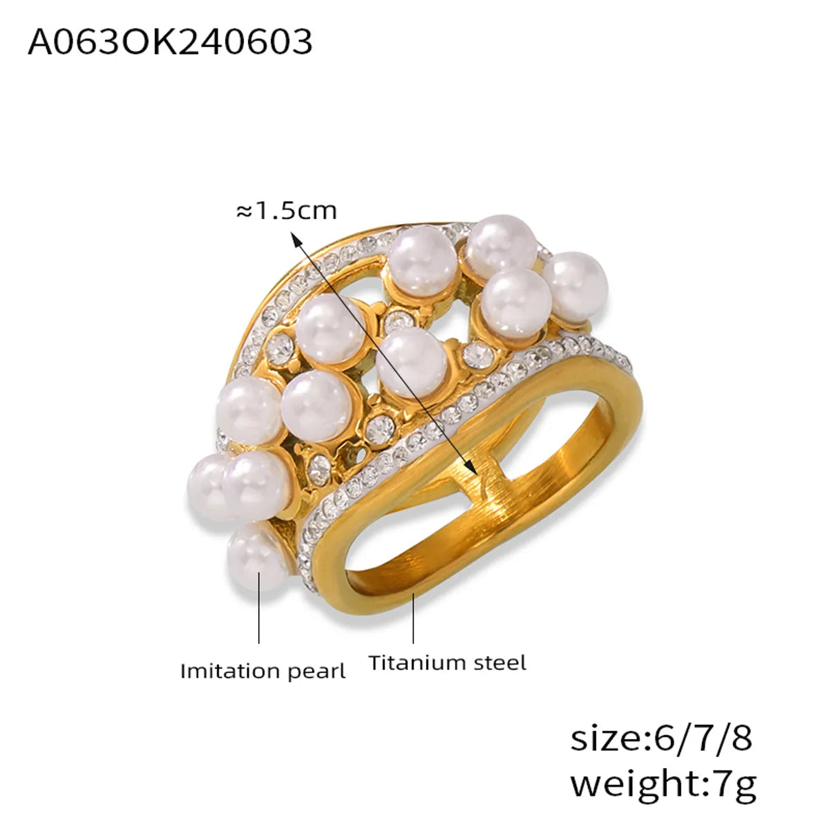 Wholesale Jewelry Elegant Simple Style Circle Round Lines 304 Stainless Steel Artificial Pearls Rhinestones 18K Gold Plated Layered Plating Inlay Rings