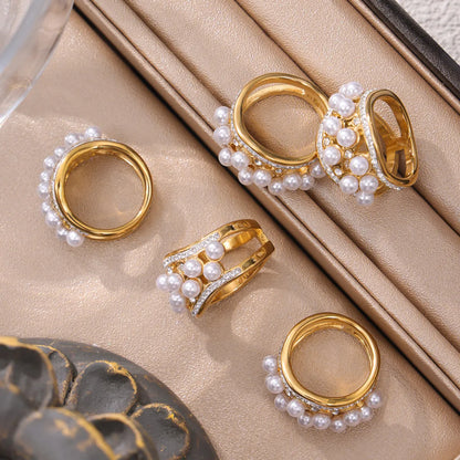 Wholesale Jewelry Elegant Simple Style Circle Round Lines 304 Stainless Steel Artificial Pearls Rhinestones 18K Gold Plated Layered Plating Inlay Rings