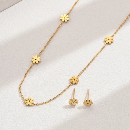 Wholesale Jewelry Elegant Simple Style Commute Flower 201 Stainless Steel 18K Gold Plated Earrings Necklace Jewelry Set