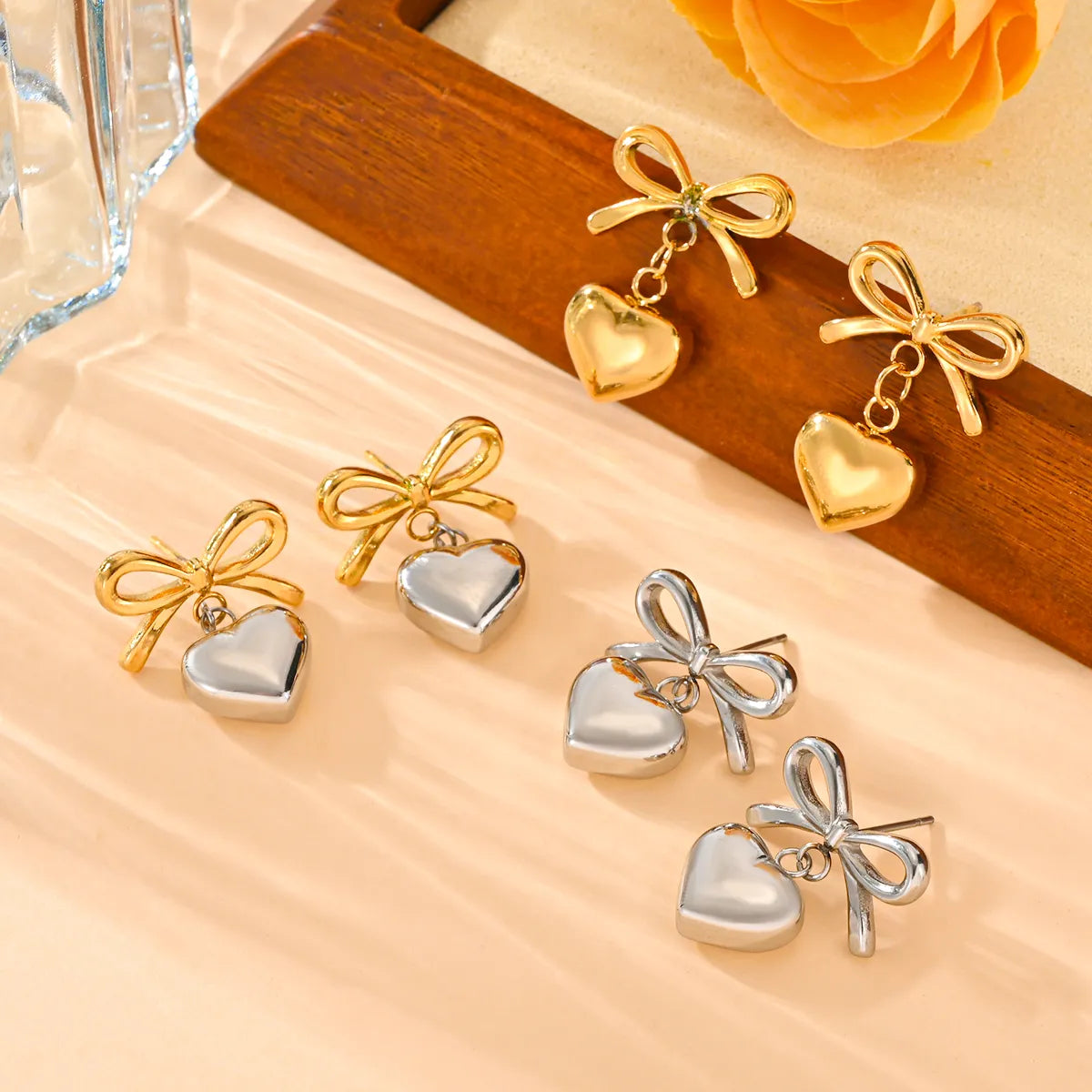 Wholesale Jewelry Elegant Simple Style Heart Shape 304 Stainless Steel Titanium Steel 18K Gold Plated Plating Earrings Necklace Jewelry Set