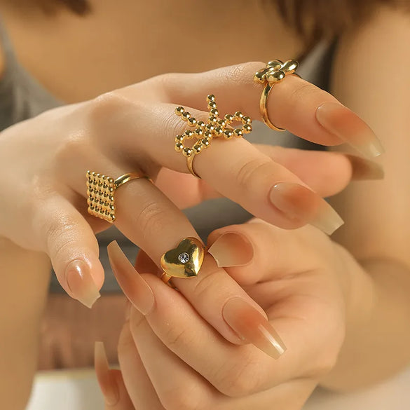 Wholesale Jewelry Elegant Simple Style Heart Shape Rhombus Bow Knot 304 Stainless Steel Zircon 14K Gold Plated Hollow Out Inlay Open Rings