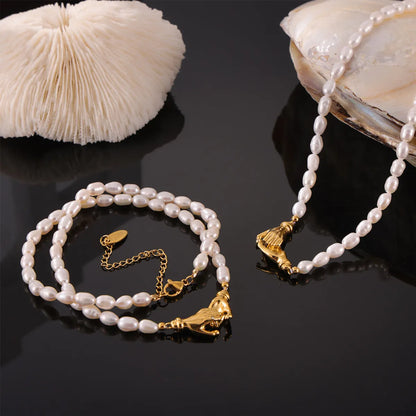 Wholesale Jewelry Elegant Simple Style Korean Style Gesture Oval 304 Stainless Steel Freshwater Pearl Zircon 18K Gold Plated Beaded Inlay Pendant Necklace