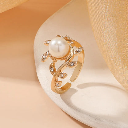 Wholesale Jewelry Elegant Simple Style Leaf Alloy Artificial Pearls Gold Plated Plating Inlay Open Rings