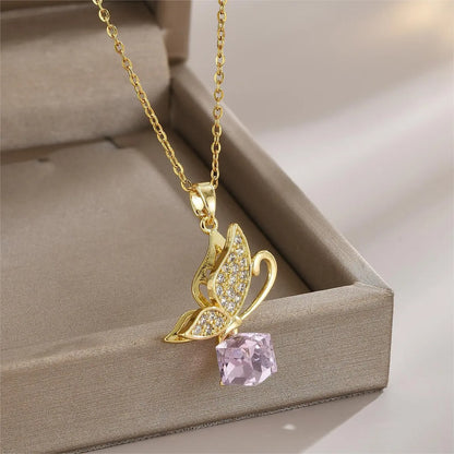 Wholesale Jewelry Elegant Simple Style Leaf Flower Bow Knot Titanium Steel Zircon Plating Pendant Necklace