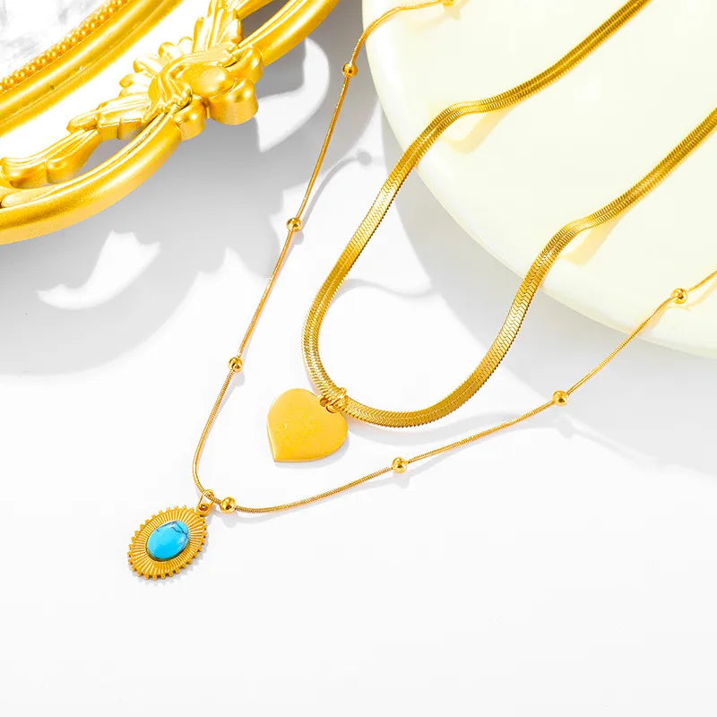 Wholesale Jewelry Elegant Simple Style Oval Heart Shape Titanium Steel Turquoise 18K Gold Plated Inlay Pendant Necklace