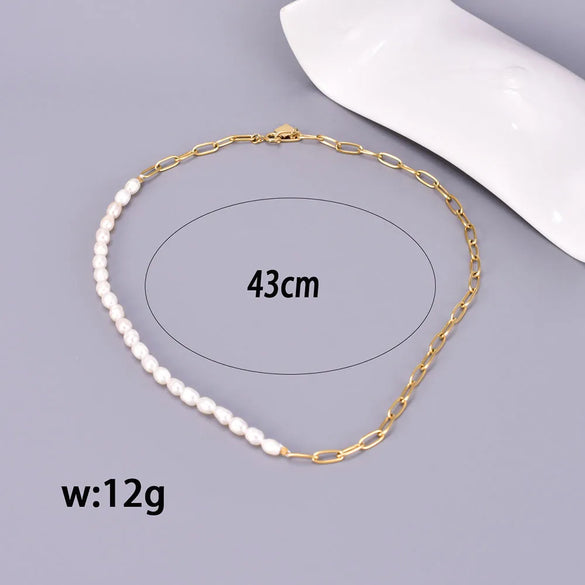 Wholesale Jewelry Elegant Simple Style Solid Color 304 Stainless Steel Freshwater Pearl Titanium Steel 18K Gold Plated Beaded Bracelets Necklace