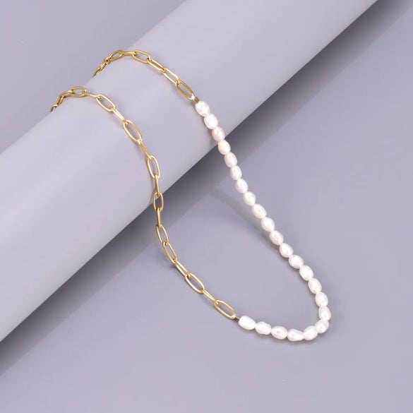 Wholesale Jewelry Elegant Simple Style Solid Color 304 Stainless Steel Freshwater Pearl Titanium Steel 18K Gold Plated Beaded Bracelets Necklace
