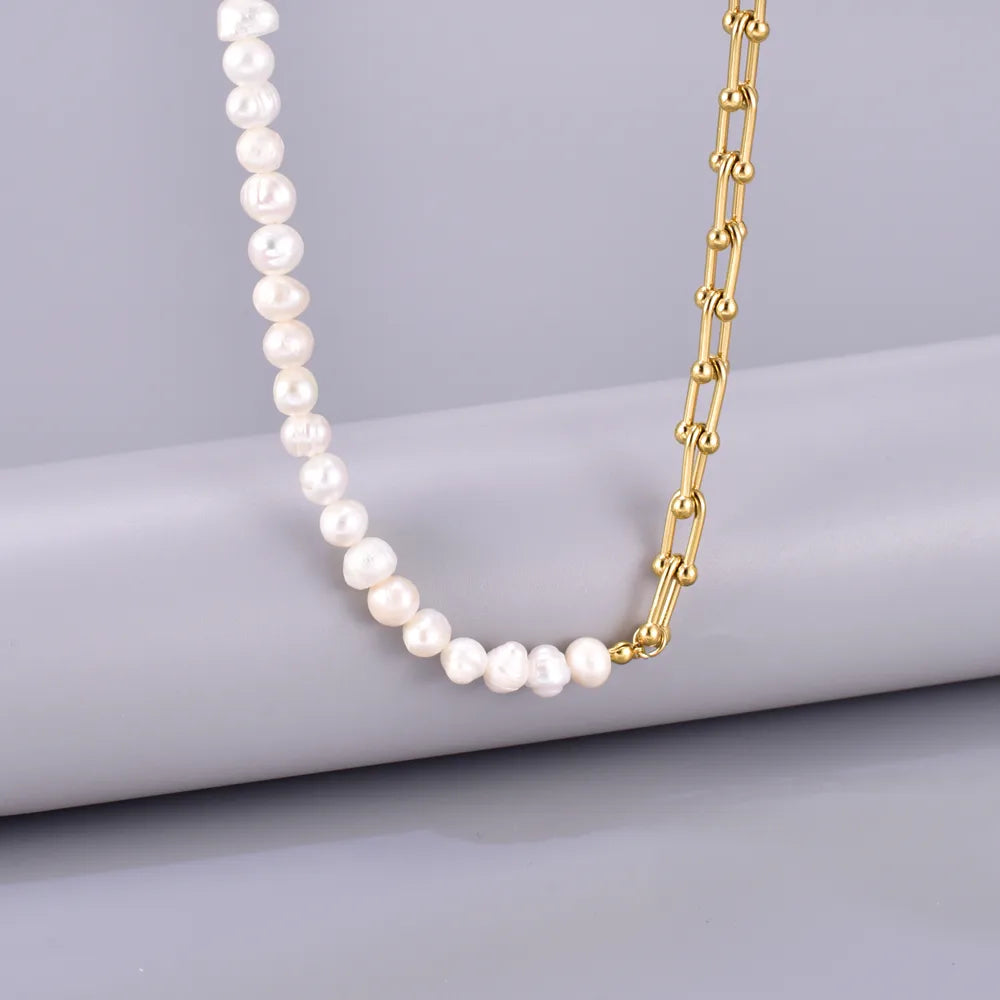 Wholesale Jewelry Elegant Simple Style Solid Color 304 Stainless Steel Freshwater Pearl Titanium Steel Beaded Bracelets Necklace