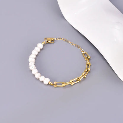 Wholesale Jewelry Elegant Simple Style Solid Color 304 Stainless Steel Freshwater Pearl Titanium Steel Beaded Bracelets Necklace