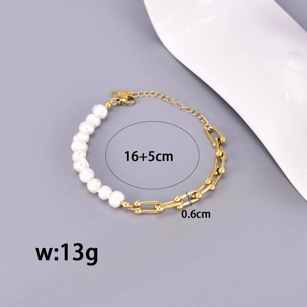 Wholesale Jewelry Elegant Simple Style Solid Color 304 Stainless Steel Freshwater Pearl Titanium Steel Beaded Bracelets Necklace