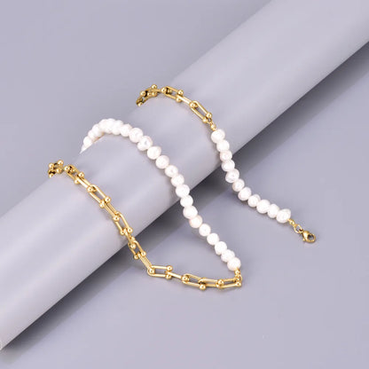 Wholesale Jewelry Elegant Simple Style Solid Color 304 Stainless Steel Freshwater Pearl Titanium Steel Beaded Bracelets Necklace