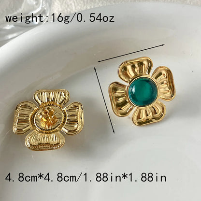 Wholesale Jewelry Elegant Sweet Pastoral Flower 304 Stainless Steel Gem 14K Gold Plated Inlay Rings Earrings