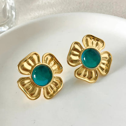 Wholesale Jewelry Elegant Sweet Pastoral Flower 304 Stainless Steel Gem 14K Gold Plated Inlay Rings Earrings