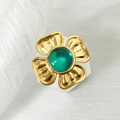 Wholesale Jewelry Elegant Sweet Pastoral Flower 304 Stainless Steel Gem 14K Gold Plated Inlay Rings Earrings