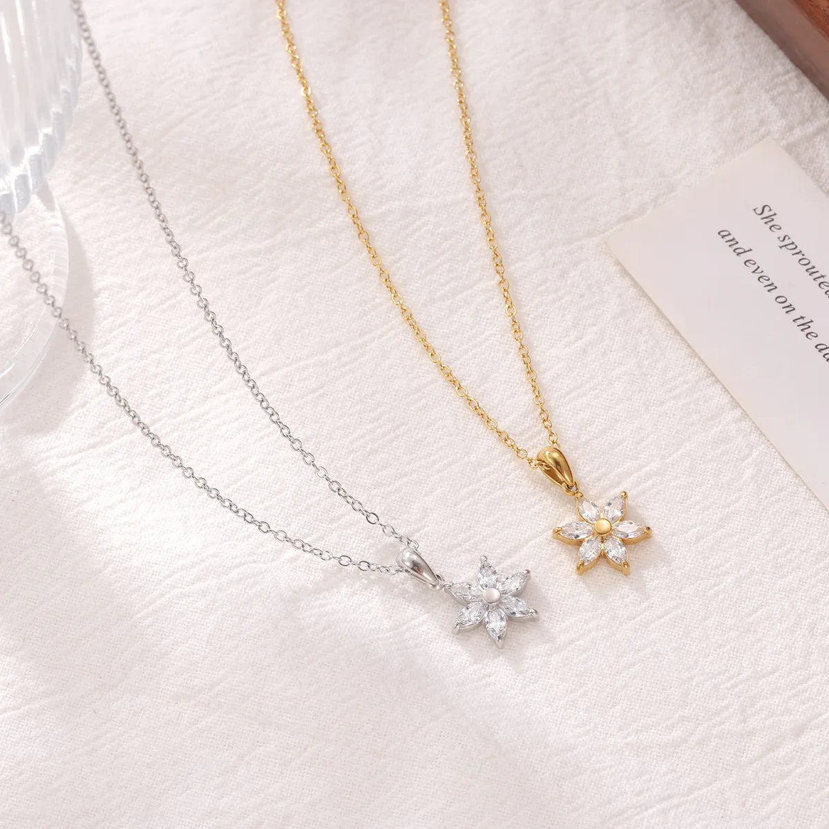 Wholesale Jewelry Elegant Sweet Simple Style Flower 304 Stainless Steel Zircon White Gold Plated Gold Plated Pendant Necklace