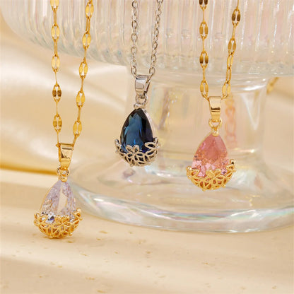 Wholesale Jewelry Elegant Sweet Water Droplets 304 Stainless Steel Copper Rhinestones K Gold Plated Plating Inlay Pendant Necklace