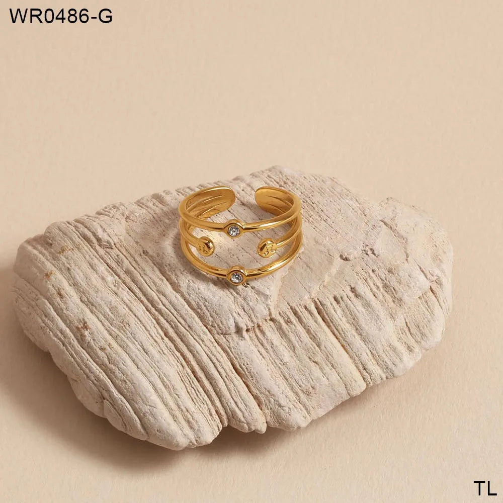 Wholesale Jewelry Elegant Vacation Modern Style Round 304 Stainless Steel 18K Gold Plated Hollow Out Inlay Open Rings