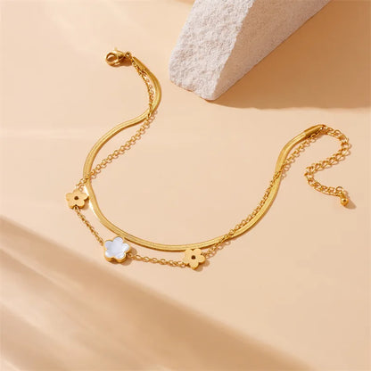 Wholesale Jewelry Elegant Vacation Streetwear Parthenocissus Grass Flower Butterfly 304 Stainless Steel Shell 18K Gold Plated Inlay Anklet