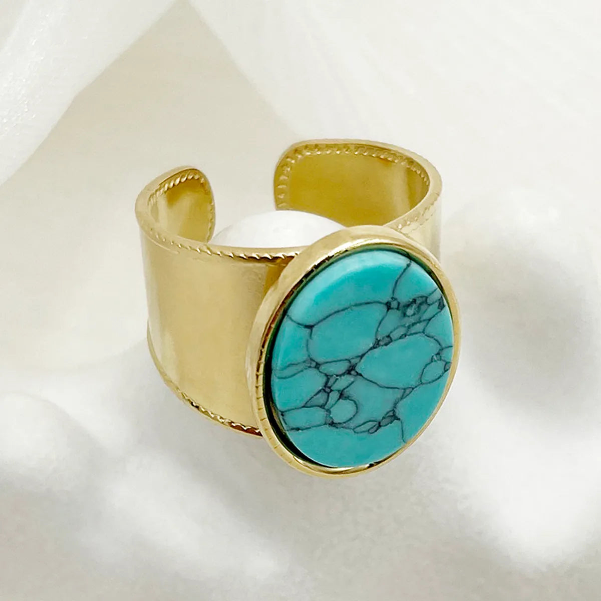 Wholesale Jewelry Elegant Vintage Style Streetwear Geometric 304 Stainless Steel Turquoise Pearl 14K Gold Plated Plating Hollow Out Inlay Open Rings